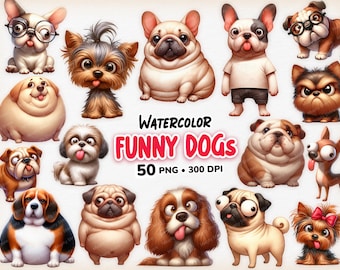 Funny Dog Clipart Bundle, 50 PNG Cute And Funny Dog, Cute Animals, Watercolor Puppy Dogs, Digital Print, Digital Download, Commercial Use
