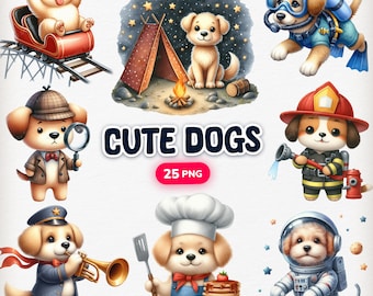 Peut inclure: Un ensemble de 25 illustrations numériques de chiens de dessin animé mignons dans divers costumes et décors. Les chiens portent des costumes tels que détective, chef, astronaute, pompier et plongeur. Les chiens se trouvent dans des décors tels qu'un camping, une cuisine et l'espace.