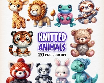 Imágenes prediseñadas de animales lindos tejidos, animales bebés PNG, animales de acuarela, imágenes prediseñadas lindas, gráficos lindos, animales animados Png, descarga digital