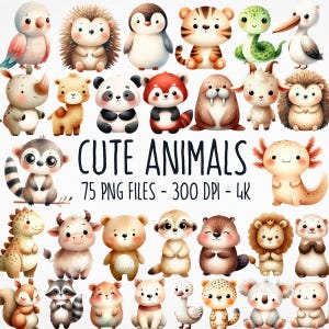 Watercolor Cute Animals Clipart, 75 Cute Animal PNG, Watercolor Animals, Cute Animal Clipart, Cute Animal Bundle, Baby Animals, Animal PNG