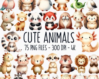 Watercolor Cute Animals Clipart, 75 Cute Animal PNG, Watercolor Animals, Cute Animal Clipart, Cute Animal Bundle, Baby Animals, Animal PNG