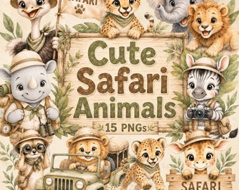 Watercolor Safari Animals Clipart, Cute Animals Clipart, Baby Animals, Safari Nursery, Baby Shower Clipart, Elephant, Lion, Giraffe, Zebra