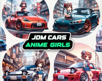 JDM Cars & Anime Girls Clipart, JDM Cars Clipart, Anime Car Print, Sports Cars PNG, Japanese Car Print, Racing Car Clipart, Car Lover Image