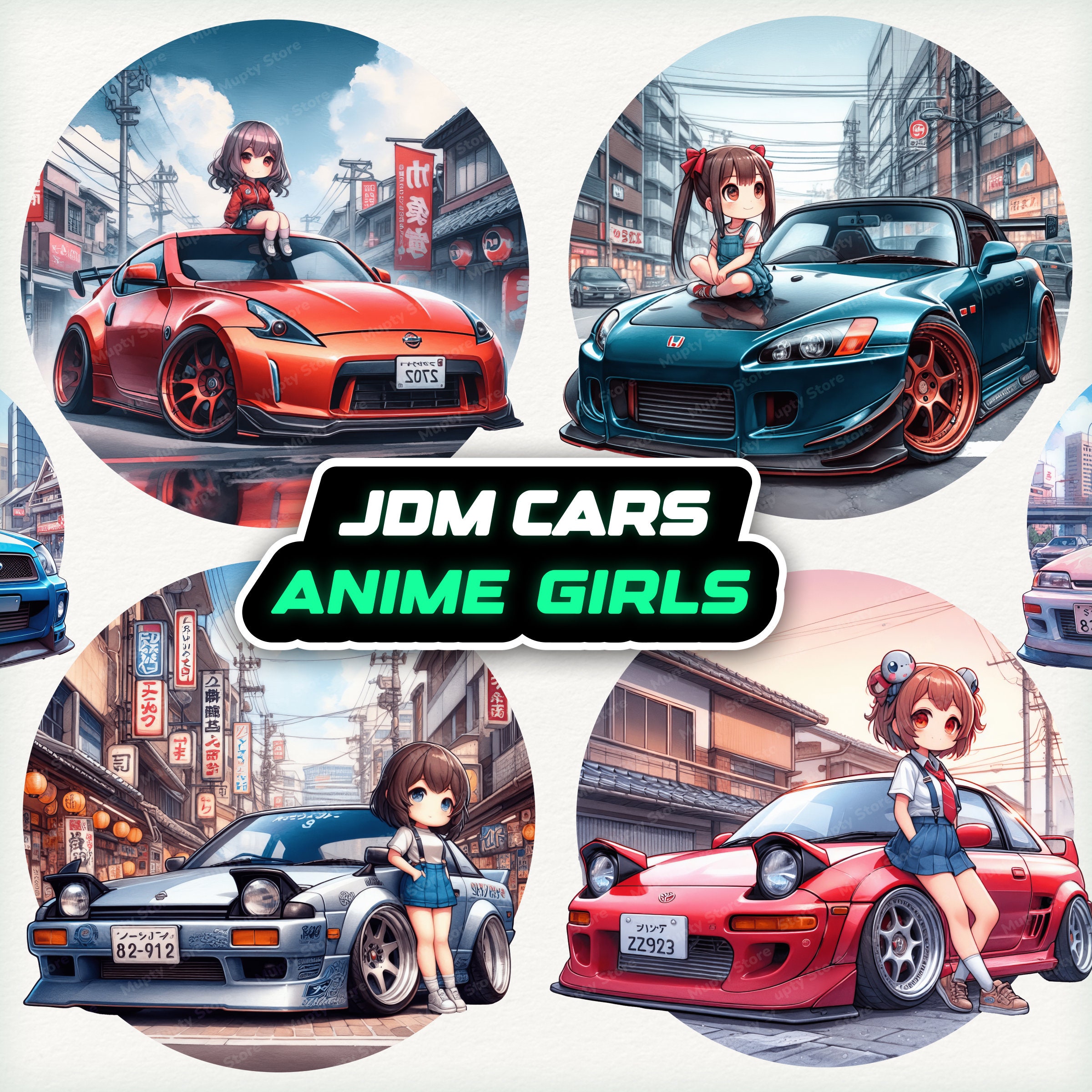 JDM 車とアニメの女の子のクリップアート、JDM 車のクリップアート、アニメ車のプリント、スポーツカー PNG、日本の車のプリント、レーシングカーのクリップアート、車好きのイメージ