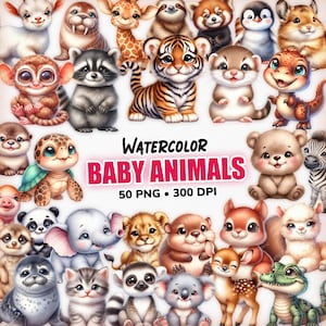 Aquarell Baby-Tiere, süßes Tier PNG Clipart, Aquarell Tiere, süßes Tier Clipart, Kinderzimmer-Druck, digitaler Download - Kommerzielle Nutzung