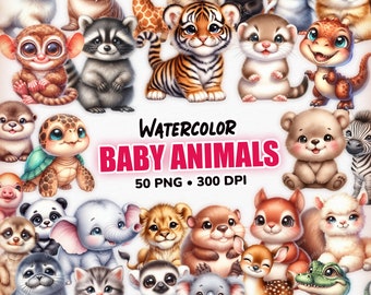 水彩画の赤ちゃん動物のクリップアート、保育園用PNG、商用利用可（デジタルダウンロード）