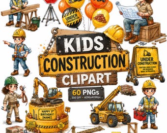 60 imágenes prediseñadas de construcción para niños, decoración para guardería infantil, vehículos de construcción en acuarela PNG, excavadora, camión volquete, baby shower, uso comercial.