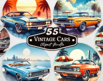 55 Classic Cars Clipart, Car PNG, Classic American Muscle Cars, Vintage Car Clipart, Retro Car PNG, Watercolor Muscle Cars, Automotive PNG