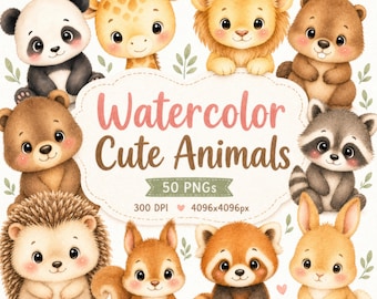 50 imágenes PNG de animales adorables, imágenes prediseñadas de animales bebés, animales bebés, animales en acuarela, imágenes prediseñadas para baby shower, guardería de animales, animales de granja de safari en el bosque