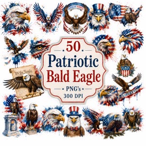 Puede incluir: Una colección de 50 imágenes PNG de águilas calvas patrióticas. Las imágenes presentan águilas con diseños de banderas americanas, sombreros patrióticos y los textos "We the People" y "Liberty". Las imágenes son en rojo, blanco y azul.