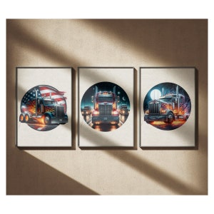 May include: Three framed prints of a semi-truck with flames and a circle design. The first print features an American flag in the circle. The second print features a night sky with stars in the circle. The third print features a full moon in the circle.