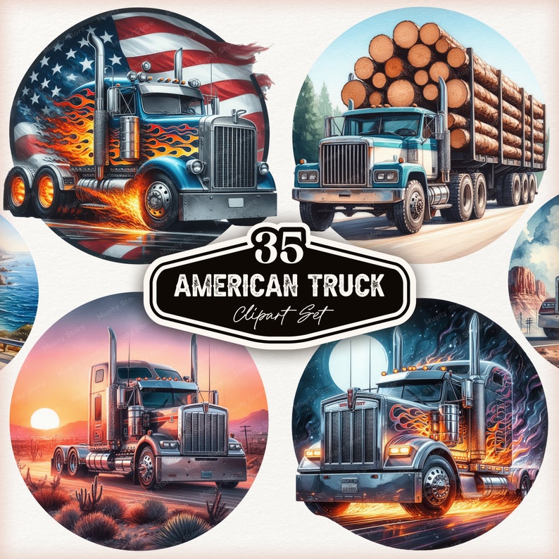May include: A set of 35 American truck clipart images. The trucks are depicted in various settings, including a desert landscape, a starry night sky, and a forest. The trucks are all in different colors and styles, and some have flames painted on them.