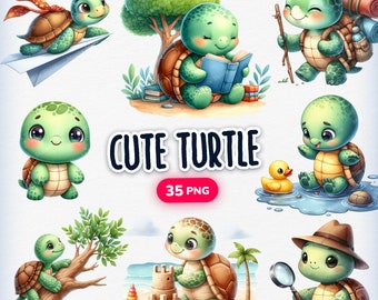 Watercolor Cute Turtle Clipart, 35 Turtles PNG, Watercolor Cute Animals, Printable Animals, Watercolor Sea Turtle PNG, Cute Baby Turtle PNG