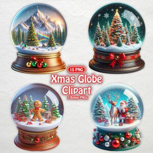 Christmas Snow Globes Clipart Bundle, 15 Chirstmas Globe, Snow Globe Clipart, SnowGlobe PNG, Festive Globe Illustrations, Christmas PNG