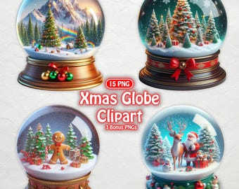 Christmas Snow Globes Clipart Bundle, 15 Chirstmas Globe, Snow Globe Clipart, SnowGlobe PNG, Festive Globe Illustrations, Christmas PNG