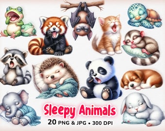 Imágenes prediseñadas de animales soñolientos en acuarela, imágenes prediseñadas de animales lindos, animales de acuarela, animales kawaii soñolientos, animales lindos de acuarela, imágenes prediseñadas png