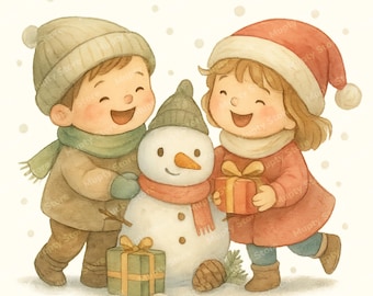 Clipart de Navidad para niños en acuarela, ilustraciones navideñas (descarga digital)