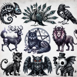 Pu&ograve; includere: Una collezione di nove illustrazioni in bianco e nero che rappresentano diverse creature mitiche, tra cui un camaleonte, un pavone, un corvo, un cervo, un lupo, un leone, un gufo e un elefante. Ogni creatura &egrave; adornata con dettagli intricati ed elementi scheletrici.