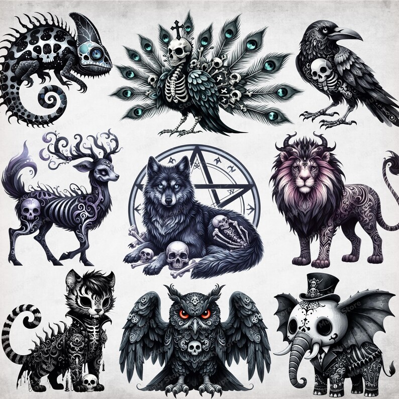 Pu&ograve; includere: Una collezione di nove illustrazioni in bianco e nero che rappresentano diverse creature mitiche, tra cui un camaleonte, un pavone, un corvo, un cervo, un lupo, un leone, un gufo e un elefante. Ogni creatura &egrave; adornata con dettagli intricati ed elementi scheletrici.