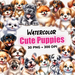 Cachorrinhos fofos em aquarela, filhotes PNG clipart, cachorro clipart, 30 filhotes em aquarela, cachorro clipart fofo, download digital - uso comercial