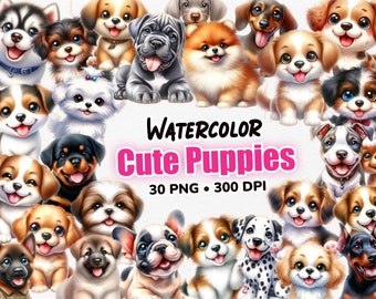 May include: A collection of 30 watercolor illustrations of cute puppies in various breeds and poses. The illustrations are in a cartoon style and feature bright colors. The text "WATERCOLOR Cute Puppies 30 PNG • 300 DPI" is displayed at the bottom of the image.