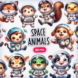 Clipart de animais fofos do espaço, 60 animais fofos PNG, animais fofos em aquarela, animais astronautas, clipart do espaço sideral, animais bebês PNG