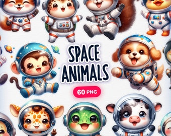 Cute Space Animals Clipart, 60 Cute Animals PNG, Watercolor Cute Animals, Astronaut Animals, Outer Space Clipart, Baby Animals PNG