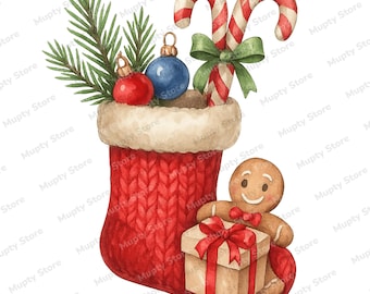 Paquete de imágenes prediseñadas navideñas en acuarela, elementos PNG festivos (descarga digital)