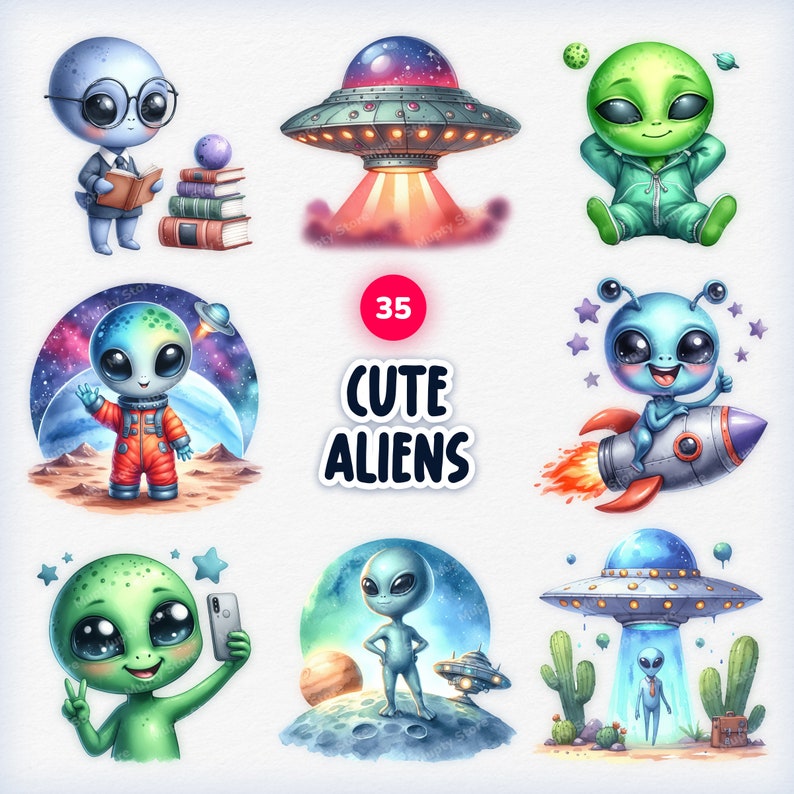 Puede incluir: Un conjunto de 35 ilustraciones de extraterrestres adorables. Los extraterrestres se representan en varias poses y entornos, incluyendo volar en naves espaciales, tomarse selfies y explorar planetas. Las ilustraciones son coloridas y caprichosas, y ser&iacute;an perfectas para usar en una variedad de proyectos, como tarjetas de felicitaci&oacute;n, pegatinas y libros para ni&ntilde;os.