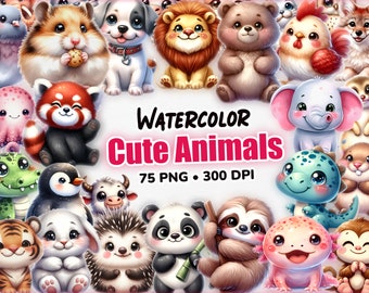 Watercolor Cute Animals, 75 Animal PNG Clipart, Animals Clipart, Watercolor Animals, Cute Animal Clipart, Digital Download - Commercial Use