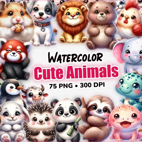 Watercolor Cute Animals, 75 Animal PNG Clipart, Animals Clipart, Watercolor Animals, Cute Animal Clipart, Digital Download - Commercial Use