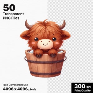 Söt höglandsko Clipart-paket, 50 baby höglandsko PNG, utskrivbara ko, babydjur Clipart, gårdsdjur png, akvarell höglandsko bild 2