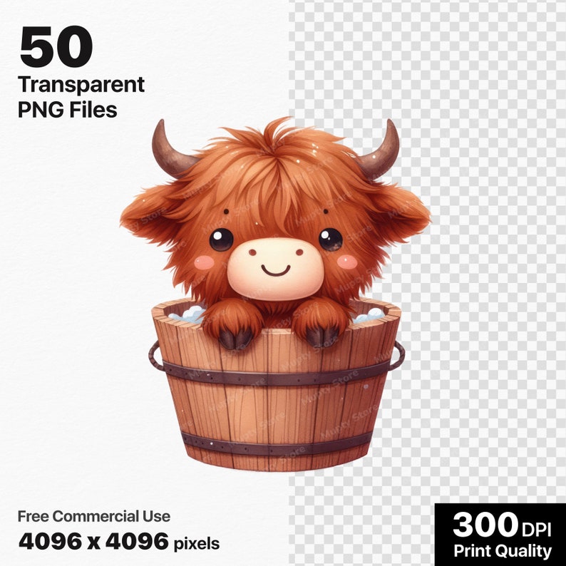 Söt höglandsko Clipart-paket, 50 baby höglandsko PNG, utskrivbara ko, babydjur Clipart, gårdsdjur png, akvarell höglandsko bild 2