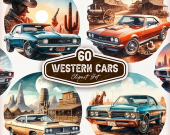 60 Western Classic Cars Clipart, Vintage Car Clipart, Western Clipart, Retro Car PNG, Car Lover Image, Vintage 70&#39;s 80&#39;s Car, Muscle Car