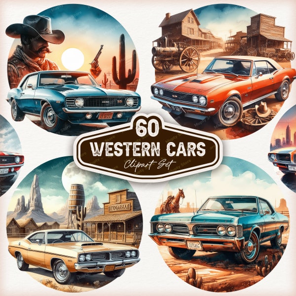 60 Western Classic Cars Clipart, Vintage Car Clipart, Western Clipart, Retro Car PNG, Car Lover Image, Vintage 70's 80's Car, Muscle Car