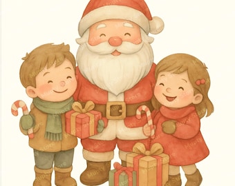 Clipart de acuarela de Papá Noel y sus niños, ilustraciones navideñas (descarga digital)
