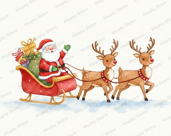 11 Christmas Reindeers and Sleigh Clipart Pack PNG & JPEG, Santa Sleigh Art, Festive Holiday Watercolor Illustrations, Xmas Clipart