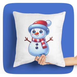 May include: White cushion featuring a cartoon snowman wearing a red and white hat and scarf. The snowman has black eyes, a carrot nose, and two black buttons.