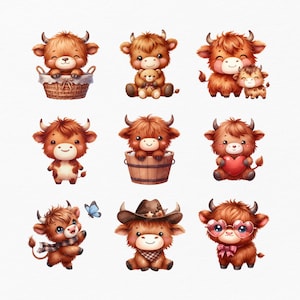 Söt höglandsko Clipart-paket, 50 baby höglandsko PNG, utskrivbara ko, babydjur Clipart, gårdsdjur png, akvarell höglandsko bild 3