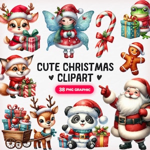 Cute Christmas Clipart, Christmas Animal Clip Art, Christmas PNG Graphics, Christmas Cute Animals, Watercolor Christmas Animals, Animals png