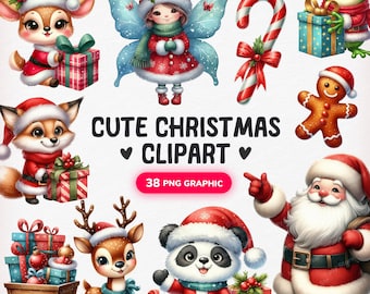 Cute Christmas Clipart, Christmas Animal Clip Art, Christmas PNG Graphics, Christmas Cute Animals, Watercolor Christmas Animals, Animals png