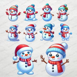 May include: A set of ten cartoon snowman illustrations with various hats, scarves, and accessories. The snowmen are all smiling and have a friendly expression.