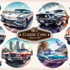 40 Classic Cars, Muscle Classic American Cars, Vintage Car Clipart, Retro Car PNG, Car Lover Image, Vintage 70's 80's Car, Vintage Car Print