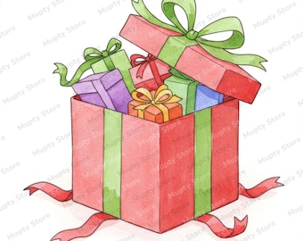 May include: Watercolor illustration of a red gift box filled with colorful presents. The box is adorned with green ribbons and bows, with a red ribbon trailing from the bottom. Inside are gifts in purple, green, orange, and blue.