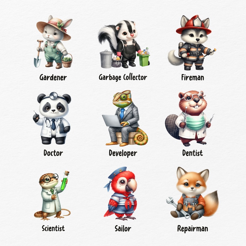 Professions Animals Cute Animals Occupations, Cute Animals Clipart, Watercolor Cute Animals ...