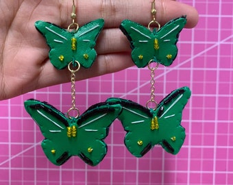 Green, yellow, black butterfly dangle earrings | gold jewelry, hook earrings, handmade, luna moth, beautiful