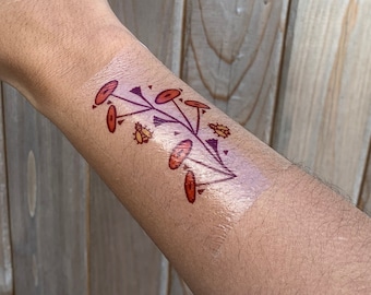 Pretty Red Flowers and Bees on a Vine Small Temporary Tattoo | 2 x 3in (5 x 7.6cm)