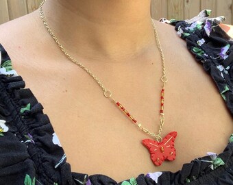 Customizable Colorful Beaded Butterfly Necklace | gold jewelry, handmade, beaded, sparkle, custom colors