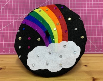 Rainbow Sequin Black Beret hat | handsewn, handmade, cute, pride, lgbt