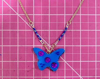 Blue and purple butterfly necklace | gold jewelry, handmade, beaded, sparkle